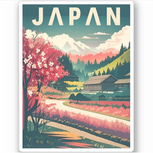 Vintage Travel Japan Sakura Cherry Blossom Sticker (Voorkant)