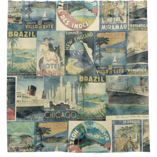 Vintage Travel Label Collage Shower Curtain Douchegordijn (Voorkant)