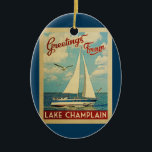 Vintage Travel Lake ChamPlain Sailboat Keramisch Ornament<br><div class="desc">Deze groeten uit het meer van ChamPlavlakte reizen een nautisch ontwerp met een boot die op het water zeilt met zeemijlen en een blauwe hemel gevuld met prachtige witte wolken.</div>