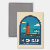 Vintage Travel Michigan Lighthouse Retro Scenic Magneet (Voorkant / Achterkant)