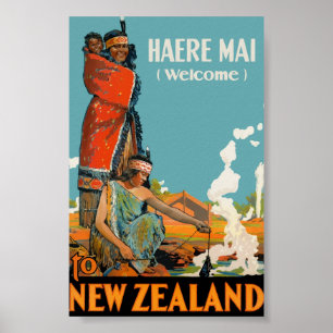 Vintage Travel New Zealand Haere Mai Welkom Maori Poster
