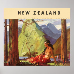 Vintage Travel, New Zealand Landscape Native Woman Poster