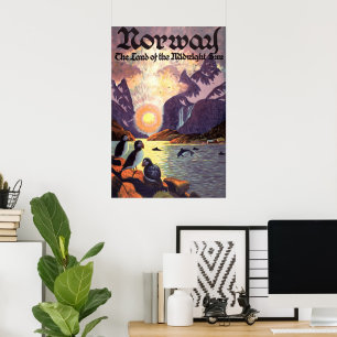 Vintage Travel, Noorwegen Fjord Land Midnight Sun Poster