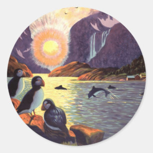 Vintage Travel, Noorwegen Fjord Land Midnight Sun Ronde Sticker