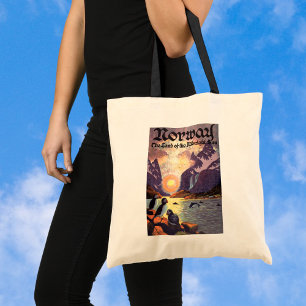 Vintage Travel, Noorwegen Fjord Land Midnight Sun Tote Bag