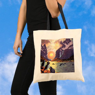 Vintage Travel, Noorwegen Fjord Land Midnight Sun Tote Bag