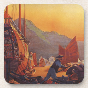 Vintage Travel, Plane Over Junks in Hong Kong Onderzetter