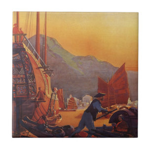 Vintage Travel, Plane Over Junks in Hong Kong Tegeltje