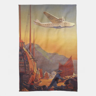 Vintage Travel, Plane Over Junks in Hong Kong Theedoek