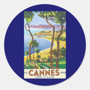 Vintage Travel Poster, Beach in Cannes, Frankrijk Ronde Sticker
