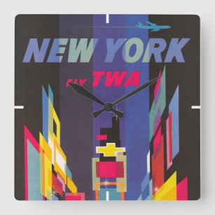 Vintage Travel Poster, Fly Twa, New York Vierkante Klok