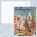 Vintage Travel Poster San Francisco Cable Cars Briefkaart<br><div class="desc">afbeelding Verenigde Staten van Amerika reisposter met San Francisco,  Californië,  met een uitzicht van de Bay Bridge en kabelauto's die naar Californië Street in China Town kijken.</div>