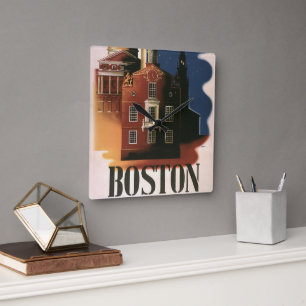 Vintage Travel Poster uit Boston, Massachusetts Vierkante Klok