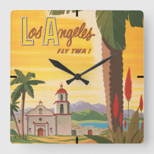 Vintage Travel Poster, Vlieg Twa naar Los Angeles Vierkante Klok