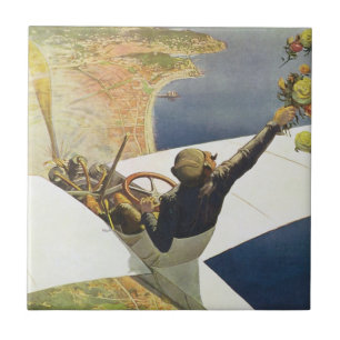 Vintage Travel Poster, vliegtuig boven Nice Frankr Tegeltje