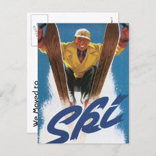 Vintage Travel, Ski Skiing Snow, Change of Address Aankondigingskaart