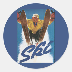 Vintage Travel, Sportskier Skiing in wintersneeuw Ronde Sticker