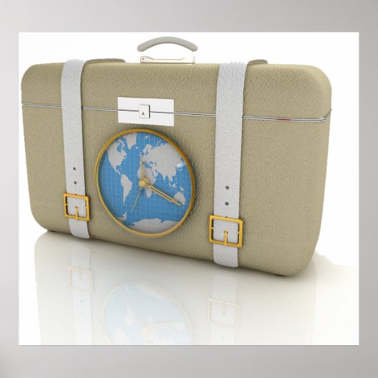 Vintage Travel Suitcase Clock World Map Poster (Voorkant)