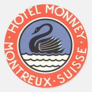 Vintage Travel, Swan Bird Hotel Monney Zwitserland Ronde Sticker