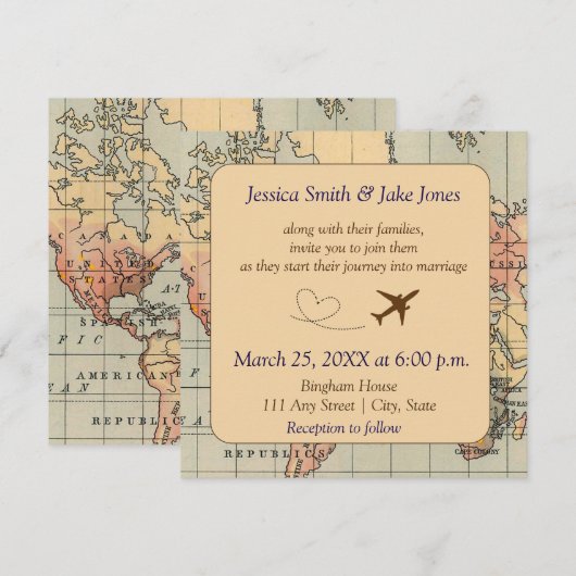 Vintage, Travel Themed Wedding Invite Kaart (Voorkant / Achterkant)