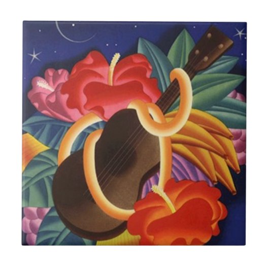 Vintage Travel Ukelele Hibiscus Hawaii Night Tile Tegeltje (Voorkant)