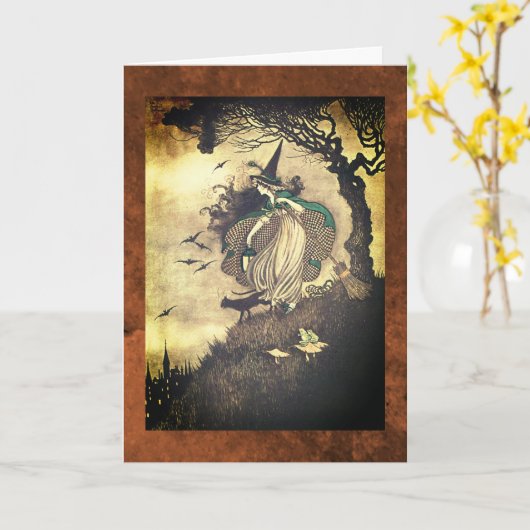 Vintage trekhalloween witch Wenskaart Kaart (Gele Bloem)
