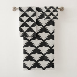 Vintage Tribale Geometrische Vogel | Zwart & Ivoor Bad Handdoek