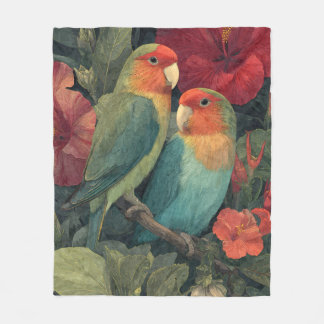 Vintage Tropical Lovebirds Floral Fleece Blanket Deken