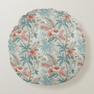 Vintage Tropisch Bloemmotief met Kust Elegantie Rond Kussen