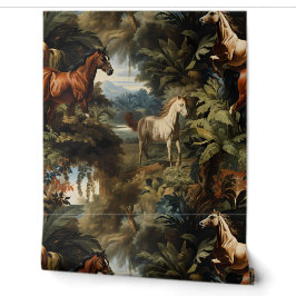 Vintage Tropisch Paard Motief Elegante Paardenspor Behang