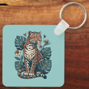 Vintage Tropische Luipaard & Monstera Bladeren Sleutelhanger