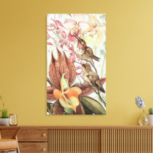 Vintage Tropische Orchideeën, Bloemen en Kolibries Canvas Afdruk