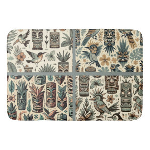 Vintage Tropische Tiki Maskers en Vogels Grijs Gro Badmat