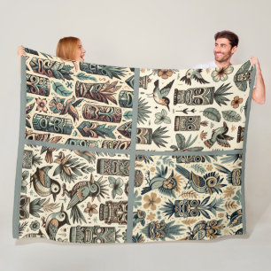 Vintage Tropische Tiki Maskers en Vogels Grijs Gro Fleece Deken