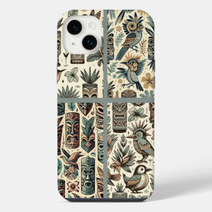 Vintage Tropische Tiki Maskers en Vogels Grijs Gro