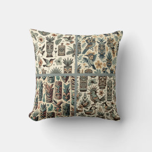 Vintage Tropische Tiki Maskers en Vogels Grijs Gro Kussen