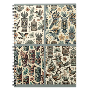 Vintage Tropische Tiki Maskers en Vogels Grijs Gro Notitieboek