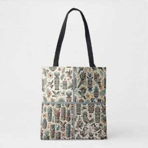 Vintage Tropische Tiki Maskers en Vogels Grijs Gro Tote Bag