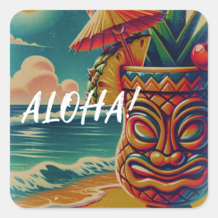 Vintage Tropische Tiki Paraplu Drink Luau Feest Vierkante Sticker