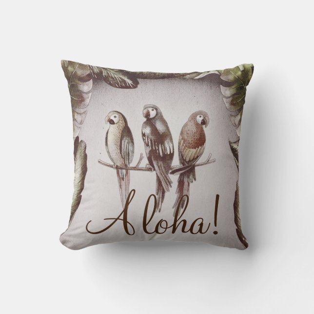 Vintage Tropische Tiki Vogels Papegaaien & Bladere Kussen (Voorkant)