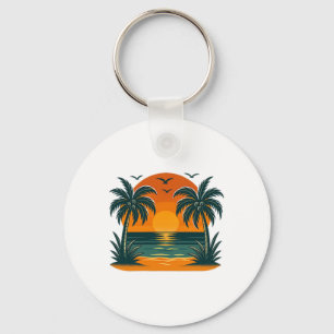 Vintage Tropische Zomer Retro Zonsondergang Palmbo Sleutelhanger