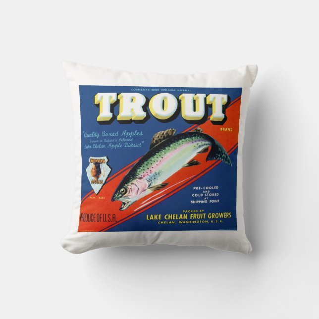 Vintage Trout Brand Appel Label Kussen (Voorkant)