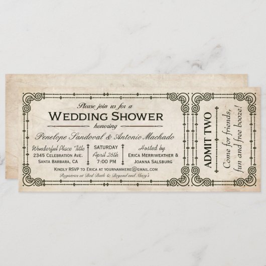 Vintage Trouwdouche Ticket Uitnodigingen I (Voorkant / Achterkant)