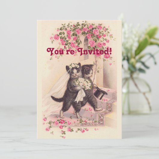 Vintage Trouwkatten Zachte Roze Uitnodiging (Staand voorkant)