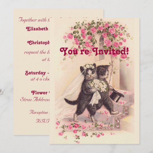 Vintage Trouwkatten Zachte Roze Uitnodiging (Voorkant / Achterkant)