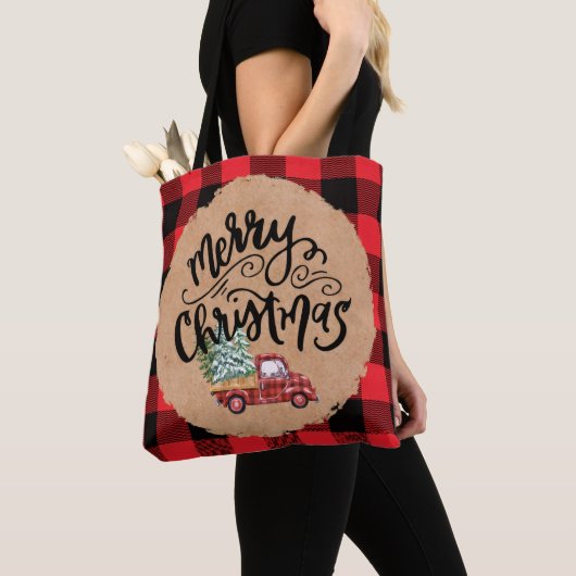 Vintage Truck Script Christmas Buffalo Plaid Tote Bag (Dichtbij)