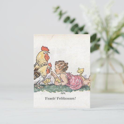 Vintage Tsjechische/Slowaakse Pasen Vesele Feestdagenkaart (Staand voorkant)