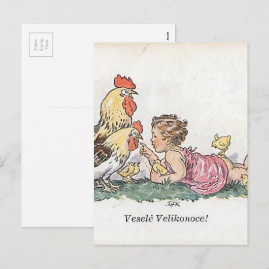 Vintage Tsjechische/Slowaakse Pasen Vesele Feestdagenkaart (Voorkant / Achterkant)