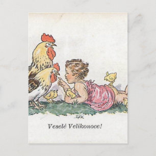 Vintage Tsjechische/Slowaakse Pasen Vesele Feestdagenkaart