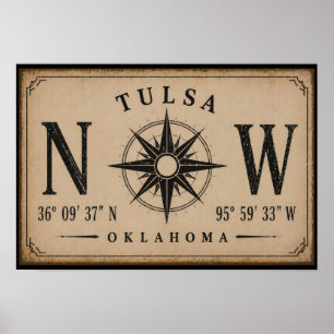 Vintage Tulsa Oklahoma Coördinaten Kompas Poster